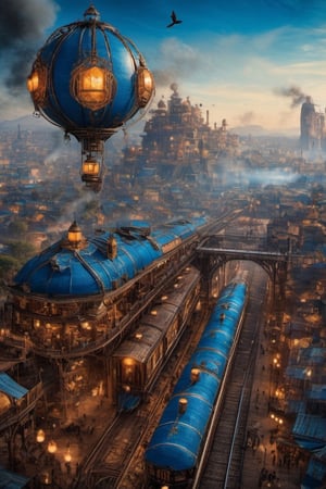 ((steampunk)),  background is bird's eye view of the steampunk city, late 19th century, Southeast Asia in European colonies, bridge, elevated tracks, steam blimps, flame, steam, (train), elevated line,  blue colors, 
 BREAK,
 midsummer girl, asian gir, 14 years old,Hypnotic, Classicism, Geek, DSLR, Character modeling, Detailed, Tapestry,  blue colors, Halloween, Lantern lighting, 8K,
