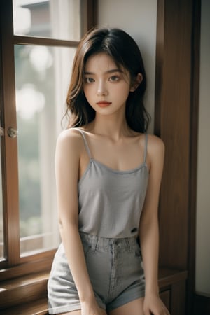 (​masterpiece, top-quality, kawaii girl, beauitful face, 8K, Raw photo, 85mm, absurderes, From the knee up:1.4),a room、One Beautiful Girl、17 years old、A slender、After the bath、flushed cheeks、A slight smil、wetting hair、Upper body naked、Wearing a bath towel over your shoulders、Breasts are hidden by bath towels、((Cotton shorts))、(Short gray shorts)、Shining thighs, beautiful knees,, Look at viewers, High school students, Teen, A slender, small head, middlebreast, face lights, (Dynamic lighting, Dramatic lighting and shadows, Cinematographic lighting:1.3), No makeup, natural, film grains, chromatic abberation, highly contrast, real picture, depth of fields, hight resolution、ultra-detailliert、detaile、foco nítido、Detailed skin, eyes and face