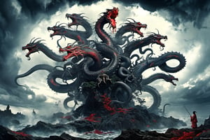 ((best quality)), ((masterpiece)), (((a seven-headed hydra))), (Seven intertwined hydras:1.9), (seven heads and necks:1.9), ,scary river monsters, Its Its eyes are red and shining, , it has five tails, Moss grow on its body, cypress grow on its body, cedar grow on its body, , (River water red with blood:1.8) , one side is covered in blood and sores, Scary and magnificent, a one ancient japanese girl standing on top of a hill next to a giant tree, , mountains, valleys, , ancient japanese mythology, , pixiv contest winner, fantasy art, , (intricate detail), (hyper detail), 8k hdr, high detail, lots of detail, , epic clouds and godlike lighting, covered with tentacles, , intricate ornate anime cgi style, night sea storm, birth of the universe, anime wallaper, a painting of a dragon, Concept art by Hieronymus Bosch, pixiv contest winner, fantasy art, lovecraftian, cosmic horror, apocalypse art,