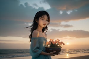 realstic, highres, high detail, photography, RAW, midsummer girl, asian gir, 14 years old,beautiful vietnamese girl,
Holding a bowl of offering flowers,off shoulder summer clothes, beach just before dawn, the clouds lit by the sunrise, Shadows of distant islands,Dark Academia, low angle,  Soft focus, Sound art, Dreamy, glow in the dark lighting, Ultra-realistic, highly detailed, natural lighting, ocean environment, Unity engine, 8k,xxmix_girl,  greg rutkowski,LinkGirl,FilmGirl