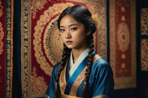 late 19th century, East Asia in European colonies, beautiful girl, asian girl, 16 years old,Hypnotic, Classicism, Geek, DSLR, Character modeling, Detailed, Tapestry, brash colors,  film noir lighting, 8K,