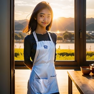 Top Quality, Masterpiece, ((Photorealistic: 1.4), Raw Photo,, Asian girl, beautiful 16-year-old girl, standing sideways, shy smile, in the kitchen, naked, wearing only an apron, ((wearing nothing but an apron)),side view of breasts, sunset shining in hair,