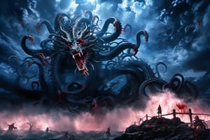 ((best quality)), ((masterpiece)), (((a seven-headed hydra))), (Seven intertwined hydras:1.9), (many heads and necks:1.9), ,scary river monsters, Its Its eyes are red and shining, , it has five tails, Moss grow on its body, cypress grow on its body, cedar grow on its body, , (River water red with blood:1.8) , one side is covered in blood and sores, Scary and magnificent, a one ancient japanese girl standing on top of a hill next to a giant tree, , mountains, valleys, , ancient japanese mythology, , pixiv contest winner, fantasy art, , (intricate detail), (hyper detail), 8k hdr, high detail, lots of detail, , epic clouds and godlike lighting, covered with tentacles, , intricate ornate anime cgi style, night sea storm, birth of the universe, anime wallaper, a painting of a seven-headed dragon, Concept art by Hieronymus Bosch, pixiv contest winner, fantasy art, lovecraftian, cosmic horror, apocalypse art,