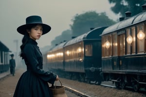 rizzle, dark screen, arrival of locomotive, late 19th century, Southeast Asia in European colonies, 16 year old Asian girl, black hair, black classic dress, black hat, carrying big bag, lantern light,,Hypnotic, Classicism, Geek, DSLR, Character modeling, Detailed, Tapestry, brash colors, Halloween, film noir lighting, 8K,