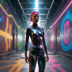 android girl, Enchanting, Angelcore, graffitti, long shot, Blender rendering, 500px, game asset, multi colors, surrealism, halfrear lighting, Hyper-realistic