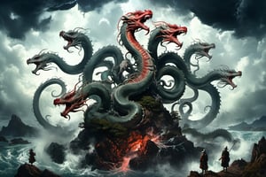 ((best quality)), ((masterpiece)), (((a seven-headed hydra))), (Seven intertwined hydras:1.9), (seven heads and necks:1.9), ,scary river monsters, Its Its eyes are red and shining, , it has five tails, Moss grow on its body, cypress grow on its body, cedar grow on its body, , (River water red with blood:1.8) , one side is covered in blood and sores, Scary and magnificent, a one ancient japanese girl standing on top of a hill next to a giant tree, , mountains, valleys, , ancient japanese mythology, , pixiv contest winner, fantasy art, , (intricate detail), (hyper detail), 8k hdr, high detail, lots of detail, , epic clouds and godlike lighting, covered with tentacles, , intricate ornate anime cgi style, night sea storm, birth of the universe, anime wallaper, a painting of a seven-headed dragon, Concept art by Hieronymus Bosch, pixiv contest winner, fantasy art, lovecraftian, cosmic horror, apocalypse art,