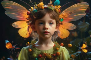 little girl fairy, centered, Classicism, Funky Seasons, side view, Photoshop, Grainy, Sound art, loud colors, Abstraction, strobe lighting, Super detailed, photorealistic, food photography, insects, Cycles render, 4k