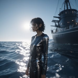 android girl, Enchanting, Dark Nautical, Gen X Soft Club, Film photography, Houdini rendering, Grainy, game asset, Monochromatic colors, Metalheart, lens flare lighting, Ultra-realistic, highly detailed, natural lighting, ocean environment, Unity engine, 8k