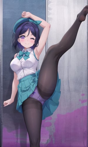 1girl, solo, breasts, looking at viewer, blush, smile, short hair, bangs, skirt, large breasts, shirt, hat, bow, ribbon, closed mouth, underwear, blue hair, standing, purple eyes, panties, white shirt, purple hair, pantyhose, thighs, one eye closed, sleeveless, arm up, blue skirt, black pantyhose, sleeveless shirt, blue bow, leg up, standing on one leg, hat bow, panties under pantyhose, ;\), split, standing split, flexible, kanan matsuura