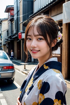 (photorealistic, masterpiece, best quality, raw photo), 1 beautiful woman, 22 years old, taiwanese girl,smiling with visible perfect teeth, detailed beautiful eyes and face, full_body, Japanese, traditional navy-based kimono with flower pattern, cultural outfit, (light-brown hair tied up in 1 bang), with flower ornaments, realistic detailed skin texture, on a street in Kyoto, natural sunlight, depth of fields, close-up portrait, sharp-focus