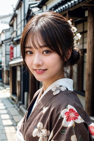 (photorealistic, masterpiece, best quality, raw photo), 1 beautiful woman, 22 years old, taiwanese girl,smiling with visible perfect teeth, detailed beautiful eyes and face, full_body, Japanese, traditional navy-based kimono with flower pattern, cultural outfit, (light-brown hair tied up in 1 bang), with flower ornaments, realistic detailed skin texture, on a street in Kyoto, natural sunlight, depth of fields, close-up portrait, sharp-focus