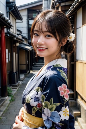 (photorealistic, masterpiece, best quality, raw photo), 1 beautiful woman, 22 years old, taiwanese girl,smiling with visible perfect teeth, detailed beautiful eyes and face, full_body, Japanese, traditional navy-based kimono with flower pattern, cultural outfit, (light-brown hair tied up in 1 bang), with flower ornaments, realistic detailed skin texture, on a street in Kyoto, natural sunlight, depth of fields, close-up portrait, sharp-focus