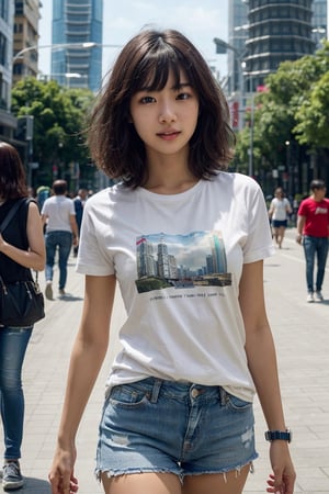 (best quality,masterpiece, photorealistic, highly detailed), 1 beautiful female is traveling in TAIPEI,CITYSCAPE,walking on a street, ((TAIPEI101)),in her 20s, detailed beautiful face, detailed beautiful eyes,short wavy curly hair,blunt_bangs, light smile,wearing a tshirt, blue_jeans, shorts,realistic detailed skin texture, detailed hair, upper body,sharp focus, asian girl,drama angle,natural lighting,