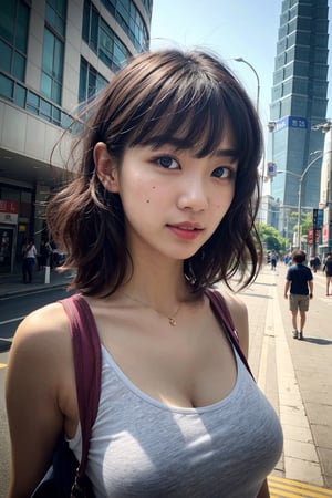 (best quality,masterpiece, photorealistic, highly detailed), 1 beautiful female is traveling in TAIPEI,CITYSCAPE,walking on a street, ((TAIPEI101)),in her 20s, detailed beautiful face, detailed beautiful eyes,short wavy curly hair,blunt_bangs, light smile,wearing a tshirt, blue_jeans, shorts,realistic detailed skin texture, detailed hair, upper body,sharp focus, asian girl,drama angle,natural lighting,