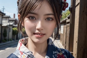 a highly detailed photorealistic digital painting of a female wearing a traditional Kimono, with a warm smile on her face. The Kimono showcases intricate patterns and vibrant colors, emphasizing the beauty of the traditional Japan dress. The artwork highlights the realism of the character, with a focus on the detailed skin texture and meticulously rendered hair. The image is a close-up of the upper body, creating a sharp focus on the girl's expressive face. The character embodies the essence of Asian beauty, with features reminiscent of a kamoji. The hairstyle, known as nihongami, adds to the authenticity of the scene.