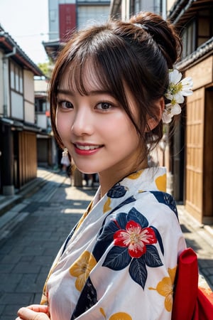 (photorealistic, masterpiece, best quality, raw photo), 1 beautiful woman, 22 years old, taiwanese girl,smiling with visible perfect teeth, detailed beautiful eyes and face, full_body, Japanese, traditional navy-based kimono with flower pattern, cultural outfit, (light-brown hair tied up in 1 bang), with flower ornaments, realistic detailed skin texture, on a street in Kyoto, natural sunlight, depth of fields, close-up portrait, sharp-focus