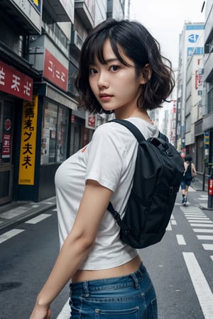 (best quality,masterpiece, photorealistic, highly detailed), 1 beautiful female backpacker is traveling in Tokyo, walking in a street, skytree tower,in her 20s, detailed beautiful face, detailed beautiful eyes,short wavy curly hair,blunt_bangs, light smile,wearing a colorful tshirt, short pants, cleavage,realistic detailed skin texture, detailed hair, sharp focus, asian girl,drama angle,natural lighting,looking afar,