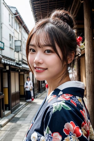 (photorealistic, masterpiece, best quality, raw photo), 1 beautiful woman, 22 years old, taiwanese girl,smiling with visible perfect teeth, detailed beautiful eyes and face, full_body, Japanese, traditional navy-based kimono with flower pattern, cultural outfit, (light-brown hair tied up in 1 bang), with flower ornaments, realistic detailed skin texture, on a street in Kyoto, natural sunlight, depth of fields, close-up portrait, sharp-focus