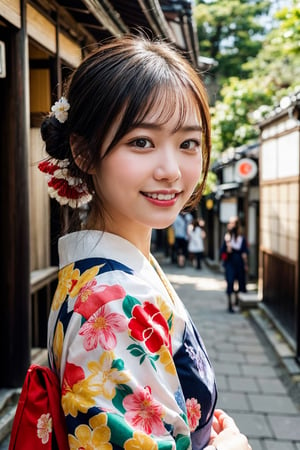 (photorealistic, masterpiece, best quality, raw photo), 1 beautiful woman, 22 years old, taiwanese girl,smiling with visible perfect teeth, detailed beautiful eyes and face, full_body, Japanese, traditional navy-based kimono with flower pattern, cultural outfit, (light-brown hair tied up in 1 bang), with flower ornaments, realistic detailed skin texture, on a street in Kyoto, natural sunlight, depth of fields, close-up portrait, sharp-focus