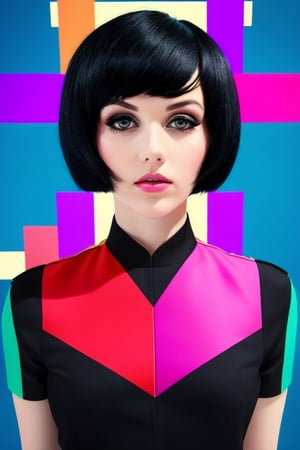 wo_melclarke04, women, with medium hair, half body shot portrait, film, high details, 8k, colorful, black hair, Bauhaus design styled background, shapes, lines, abstract
