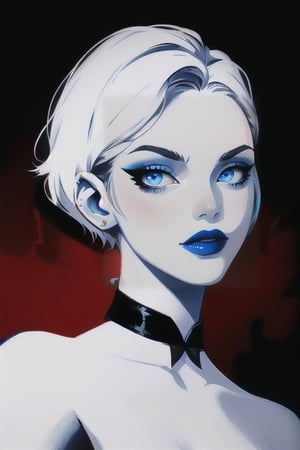 A portrait of a woman with white short hair, wearing a red dress, blue lipstick and blue eye shadow, teeth, tattoo on her neck, black and white, digital painting, black background