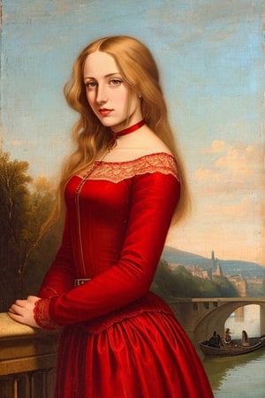 style of Pietro Annigoni a oil painting portrait of wo_k1ra02, blonde straight long hair, wearing a vintage red dress and a lace choker, river at the background