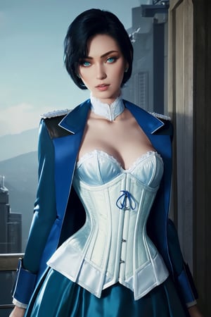 High quality, beautiful wo_arialex01, woman, blue jacket, blue skirt, ((pure white corset)), chocker, green eyes, short black hair, ((upper body shot)), facing the camera, masterpiece, best quality, high details, trending on artstation, professional photography