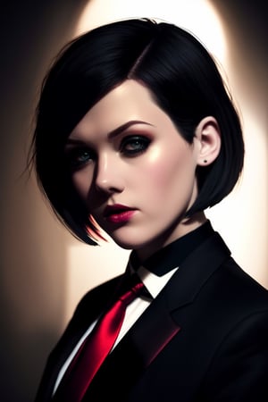((short bob hair)) Pale skin, Perfect face, portrait dramatic fantasy render of a beautiful wo_melclarke04 wearing a black suit with red tie with beautiful dramatic dark moody lighting, shadows, cinematic atmosphere, artstation
