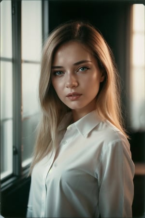 RAW,  Polaroid black tone film,  window light,  hazy,  film,  hyper realistic photograph,  beautiful wo_natand01,  (dark blonde hair),  looking at viewer,  masterpiece,  best quality,  (white shirt),  vibrant background,  shot on Canon,  detailed skin,  sharp focus,  highly detailed,  film grain