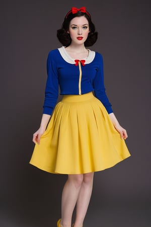 full body, ohwx woman, pale skin, wearing the snow white outfit, blue top, yellow skirt, black solid background