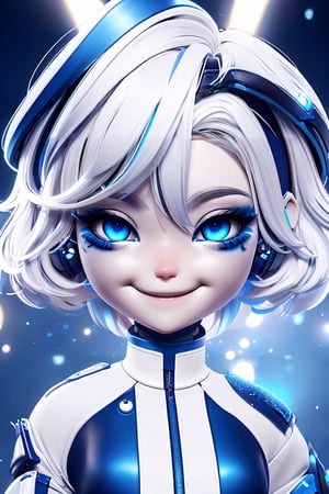 wo_g0rg301, chibi, a woman wearing a space outfit, in a space station, white hair with blue stripes, blue eyes and eye shadow, she has a big smile on herface, digital painting, masterpiece, 8k, UHD.