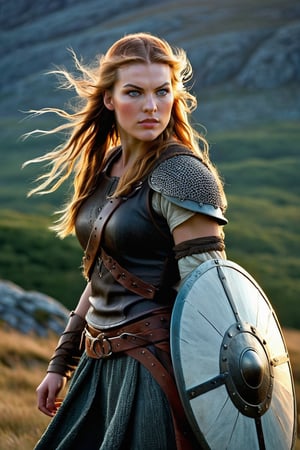 ohwx woman, Against a backdrop of windswept moors and granite outcroppings, the oh-so-fierce Viking shieldmaiden stands tall, her piercing gaze fixed on some distant horizon. Her tawny hair is wild and untamed, framing her chiseled features as she clutches her battle-weathered shield at her side. The rugged terrain stretches out before her, punctuated by sparse birch trees, while the soft golden light of a northern sunset casts a warm glow over the entire scene.
