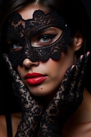 A close-up portrait of wos4r4s4m, with an elegant and mysterious appearance. The central focus is on her face, which is partially obscured by a delicate, intricate black lace mask that covers her eyes and upper face. The mask is ornate, with swirling patterns that add a sense of drama and allure. Her lips are painted a vibrant, glossy shade of coral, standing out against skin color. The makeup on her eyes is smoky, with dark eyeshadow blending seamlessly into countors of her eyes, adding depth and intensity to her gaze. She is wearing matching black lace gloves, which she holds delicately against her face, adding to the sensual and enigmatic atmosphere of the image. The gloves have floral pattern that complements the design of the mask. The overall tone of the image is dark and sophisticated, with a soft light highlighting her skin and the details of the lace. The background is dark, which further emphasizes her face and the intricate lacework. The image evokes a sense of mystery, elegance, and allure.