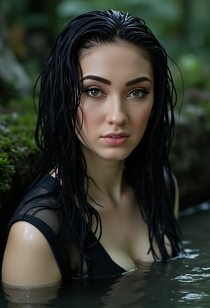 A photo of wo4r14Al3 with wet, dark hair emerging from a mysterious water source. Her striking hazel eyes are highlighted by the glistening droplets of water on her face and hair. The woman, dressed in a fashionable yet ethereal outfit, stands boldly against a blurred background that hints at a lush, wooded environment. Her intense gaze directly connects with the viewer, creating an evocative and enigmatic atmosphere.