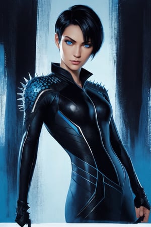 portrait, 50mm lens, medium shot, cover post looking at the camera, gorgeous wo_arialex01 with black spiky short hair, sexy blue eyes, black tightsuit, strong pose, dynamic, cinematic, illustrated, cross hatching, line work, brush strokes, paint splotches, highly detailed, well rendered, comic book art,