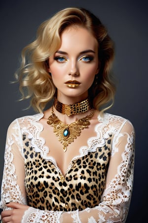 Surrealist art ohwx woman wearing a golden choker, lace leopard patterned shirt, (blue eyes:0.5), simple background . Dreamlike, mysterious, provocative, symbolic, intricate, detailed