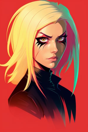 style of Genndy Tartakovsky,  wo_iveb01, messy long blonde hair,  colorful tight outfit, red eye shadow and eyeliner, head portrait,  the wall,  centered,  in frame,  concept art,  digital illustration,  matte,  sharp focus,  smooth,  intrincate