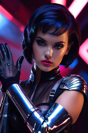 masterpiece, 8k, uhd, hdr effect, professional photography, the gorgeous ohwx woman, vogue style photo, portrait, wearing a futuristic amor, cyberpunk style, metal gloves, empowerment, ,ohwx woman