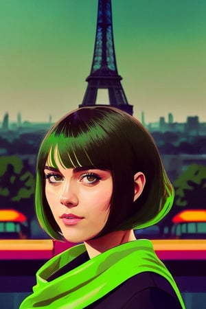 style of Alena Aenami,  wo_marywinstead01, ((brown eyes)), (green wavy bob cut hair:1.2),  black dress,  portrait,  eiffel tower at the background,  centered,  in frame,  concept art,  digital illustration,  matte,  sharp focus,  smooth,  intrincate