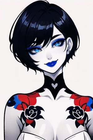 A upper body portrait of a woman with white short hair, wearing a red dress, blue lipstick and blue eye shadow, smiling, tattoo on her neck, black and white, digital painting