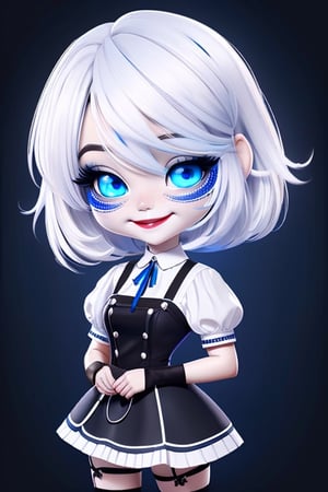 digital painting, upper body shot, white hair with blue stripes, blue eyes, black lipstick, wearing a white maid outfit, woman, big eyes, (smile:1.2), black background, wo_g0rg301,chibi