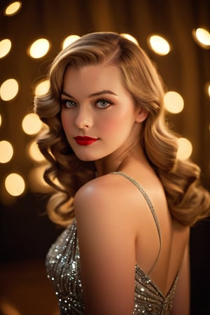 ((best quality, 64k, high resolution, masterpiece:1.3)), bokeh, ohwx woman, solo, 24 years old, sharp focus, highly detailed, looking at viewer, (((1920s pinup girl))), gorgeous, evening gown, cute face, long hair, golden hair, silver lights