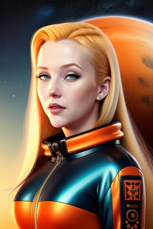 style of Chesley Bonestell and Jim Burns, head_portrait, wo_samrone01, long blonde hair, wearing a spacesuit outfit that is orange and black, on a alien planet's surface, realistic, masterpiece, high quality, highres, raw, extremely detail, extremely detailed face, 8k