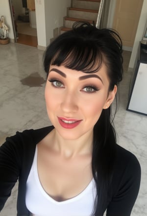 A photo of a wo4r14Al3 with a black hair with ponytail and bangs. She is wearing a white shirt and a black cardigan, and is in a house with a clean marble floor. The photo is taken from above and has a f2.8 noise. The woman is smiling and has applied blush, red lipstick, mascara, and eyeshadow.