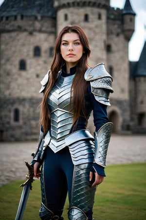 full body professional photography, ohwx woman, long hair, a 20 yo woman, light theme, soothing tones, dragon armor, standing still, castle at the background, bokeh, ISO, cannon, professional photo, sharp, detailed skin, 80mm