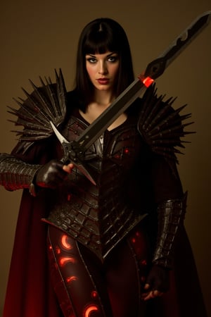 renaissance masterpiece painting depicting a stunning wost0y4 as a female hellknight, spiky armour, no helmet, glowing eyes, dark hair, bangs, dark eyeshadow, thin red lips,  holding huge sword glowing red, dynamic pose