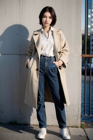 wo_mariaozawa01, 1girl, detailed skin, looking at viewer, wearing coat and shirt, standing straight