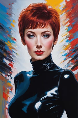 A painting in the style of Bob Peak, headshot ohwx woman, short pixie red hair, wearing a black turtleneck tightsuit latex with white lines, colorful background, masterpiece, high quality, detailed