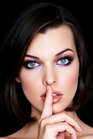 A high quality professional photograph of wom1ll4j0v with black eyeliner and purple metallic eyeshadow makeup. She is putting her finger on her lips like a silence sign. She has a dark bob hair and is looking directly at the camera with her gorgeous blue eyes. The background is solid black making the focus on the pale skin woman