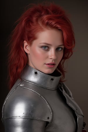 woM4gV1nt4g3 style, portrait of a female in silver medieval armor, fine realistic crimson red hair, attractive, looking at viewer, photo-realistic detailed soft skin, realstic lips, 4k, full length frame, High detail RAW color art, diffused soft lighting, shallow depth of field, hyperrealism,vintage magazine style